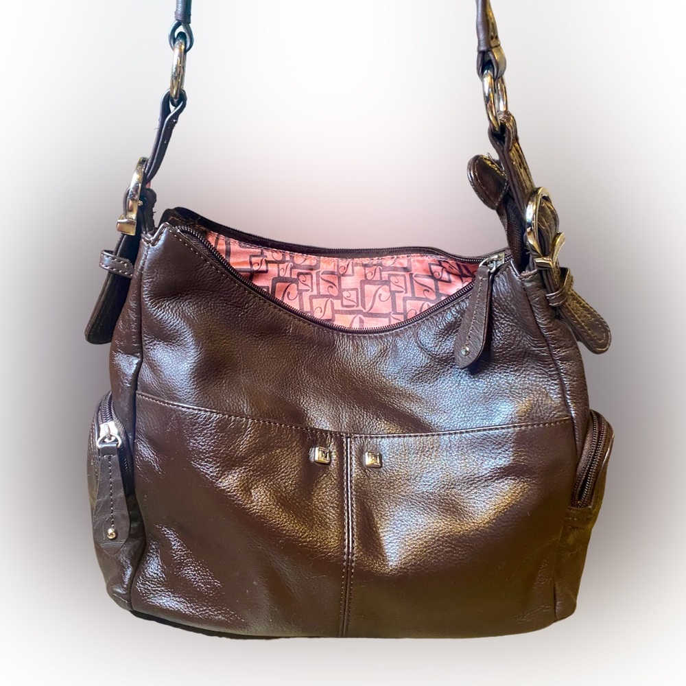 Y2K Vintage Rare Stone Mountain Large Brown Leather Bag With Pink Patter…